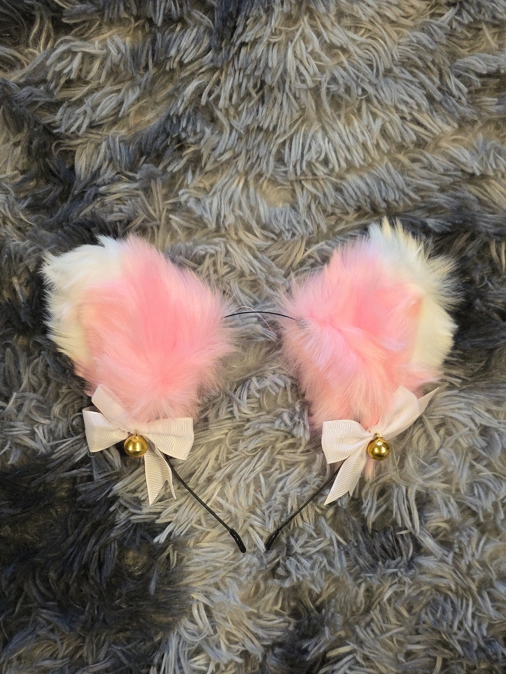 Pink Faux Fur Cat Ear Headband with Bows and Bells - Kids Accessories